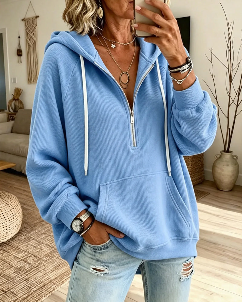 Sweat À Capuche Demi-Zip Manche Longue Poche
