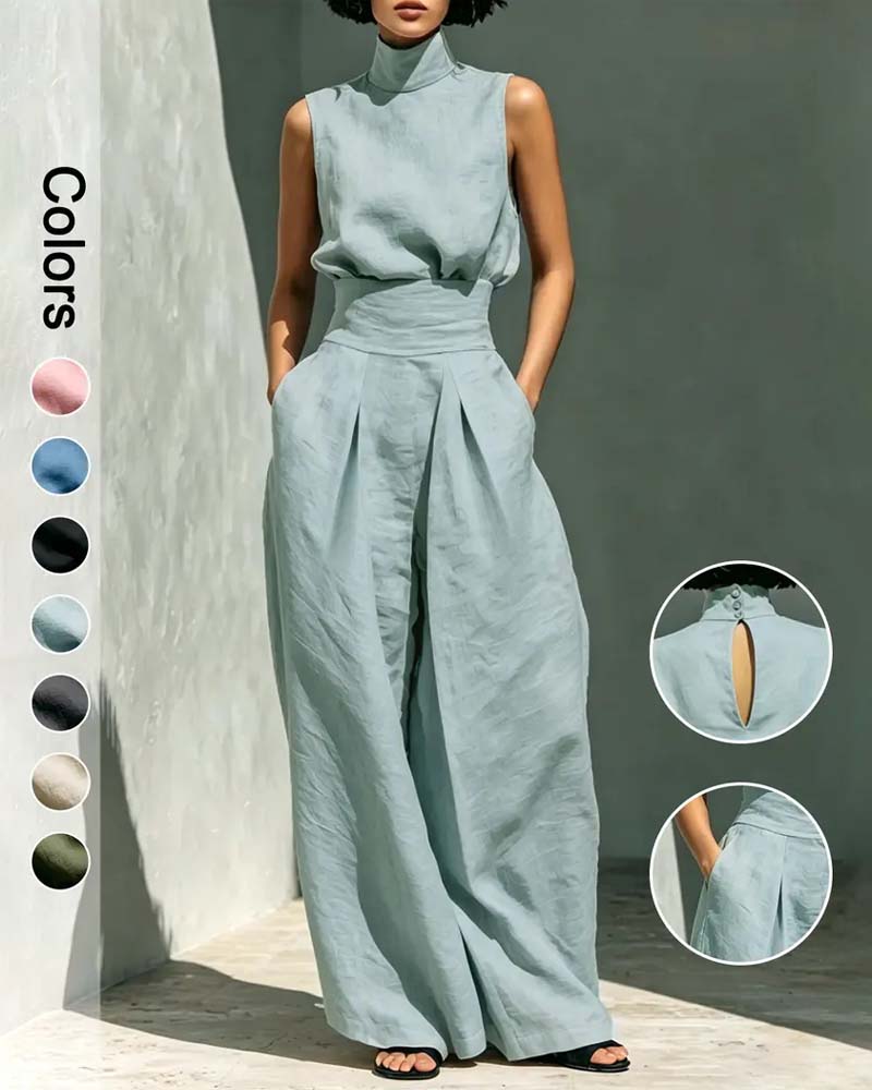 Combinaison Col Haut Sans Manches Large Jambe Taille
