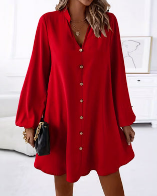 Robe Col V Manches Longues Un Rang De Boutons