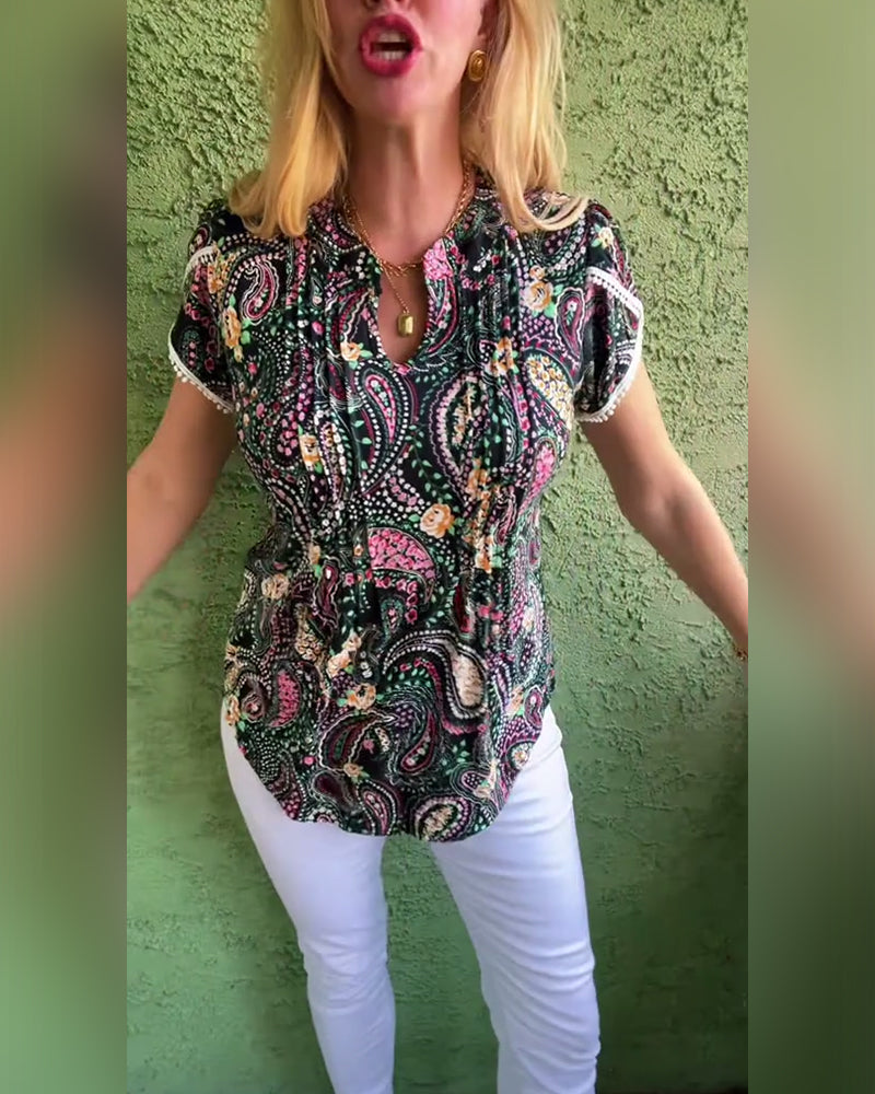 Blouse Manche Pétale Plissée Imprimée