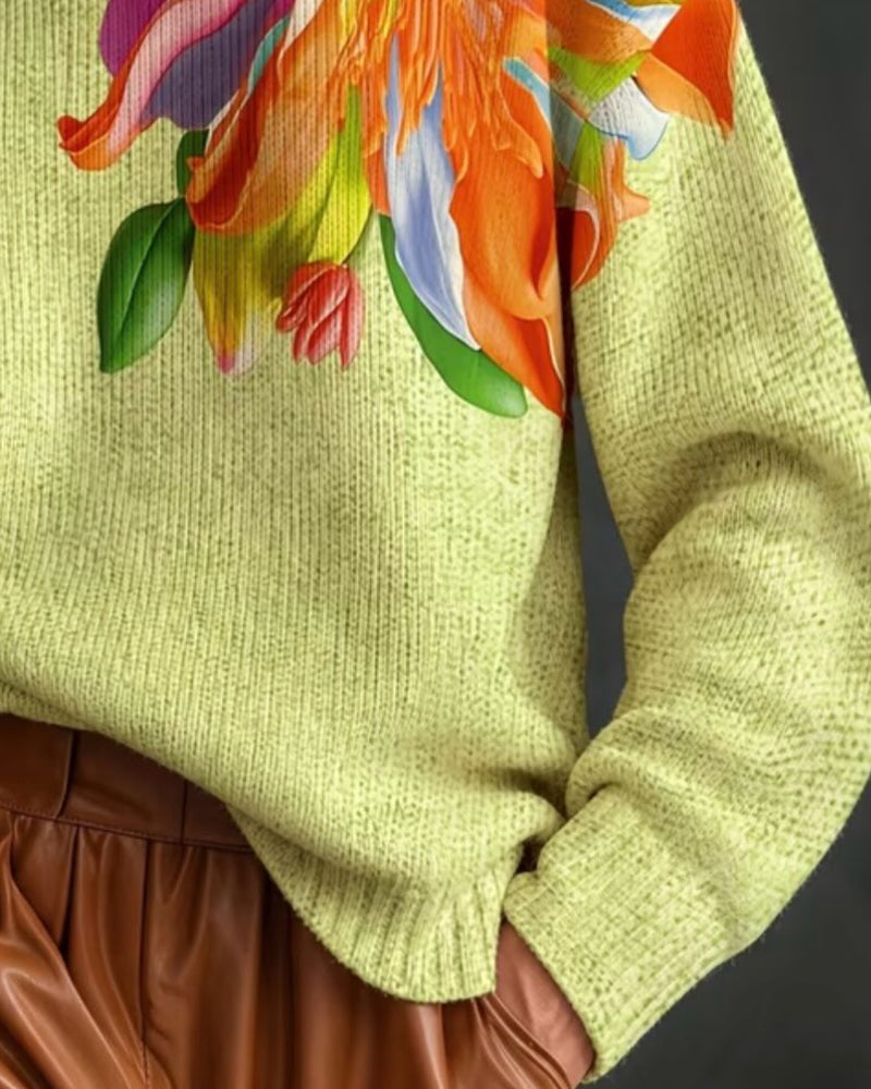 Pull Col Roulé Floral Contraste Manches Longues