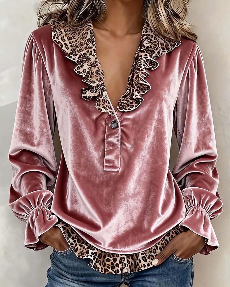 Blouse Col En V Léopard Imprimé Volant Manche