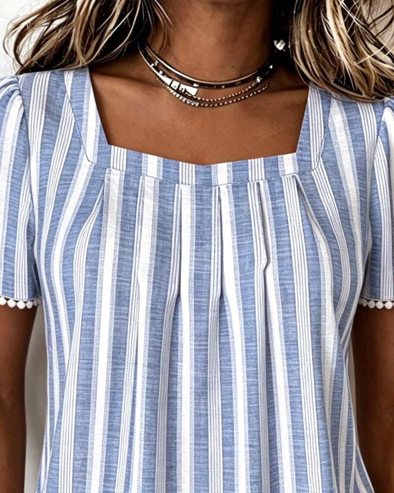 Blouse Rayée Col Carré Manches Courtes