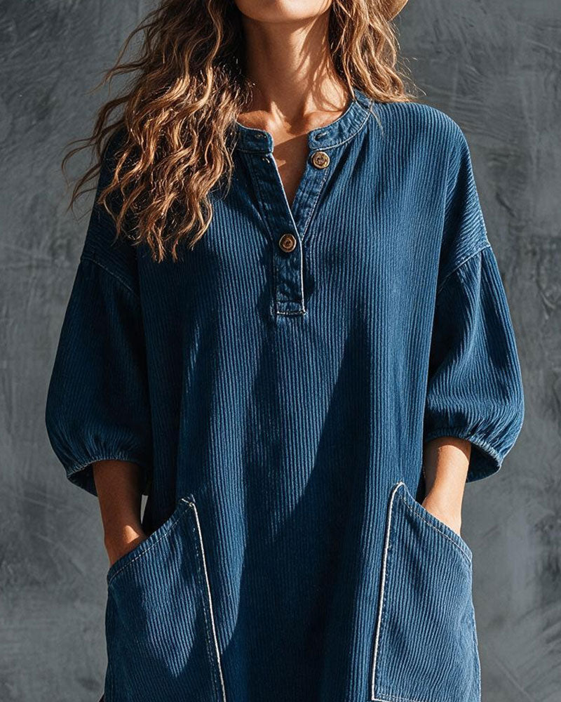 Robe Velours Côtelé Bouton Devant Manche Coude Manches Ballon Lâche