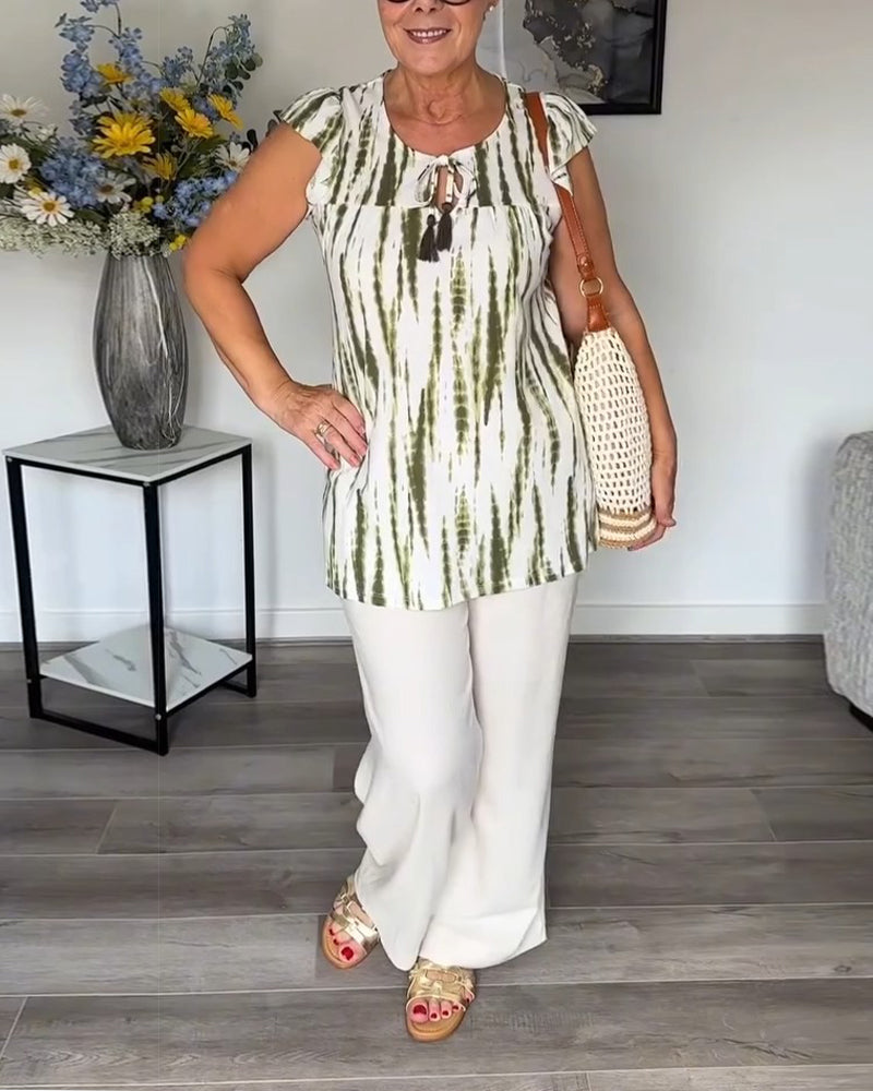 Blouse Manches Feuille De Lotus Pompon Tie-Dye