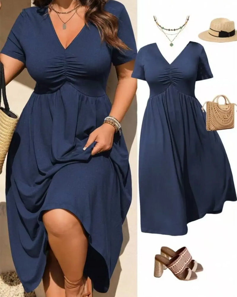 Robe Col En V Froncée Manches Courtes Évasée