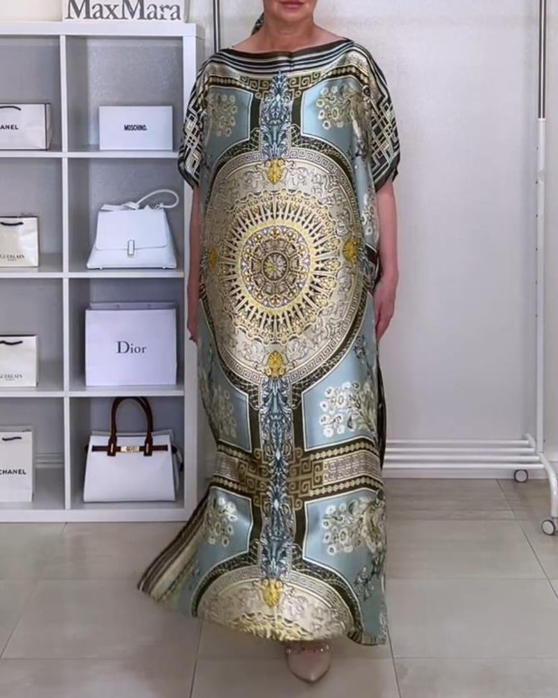 Robe ample fendue imprimée bohème