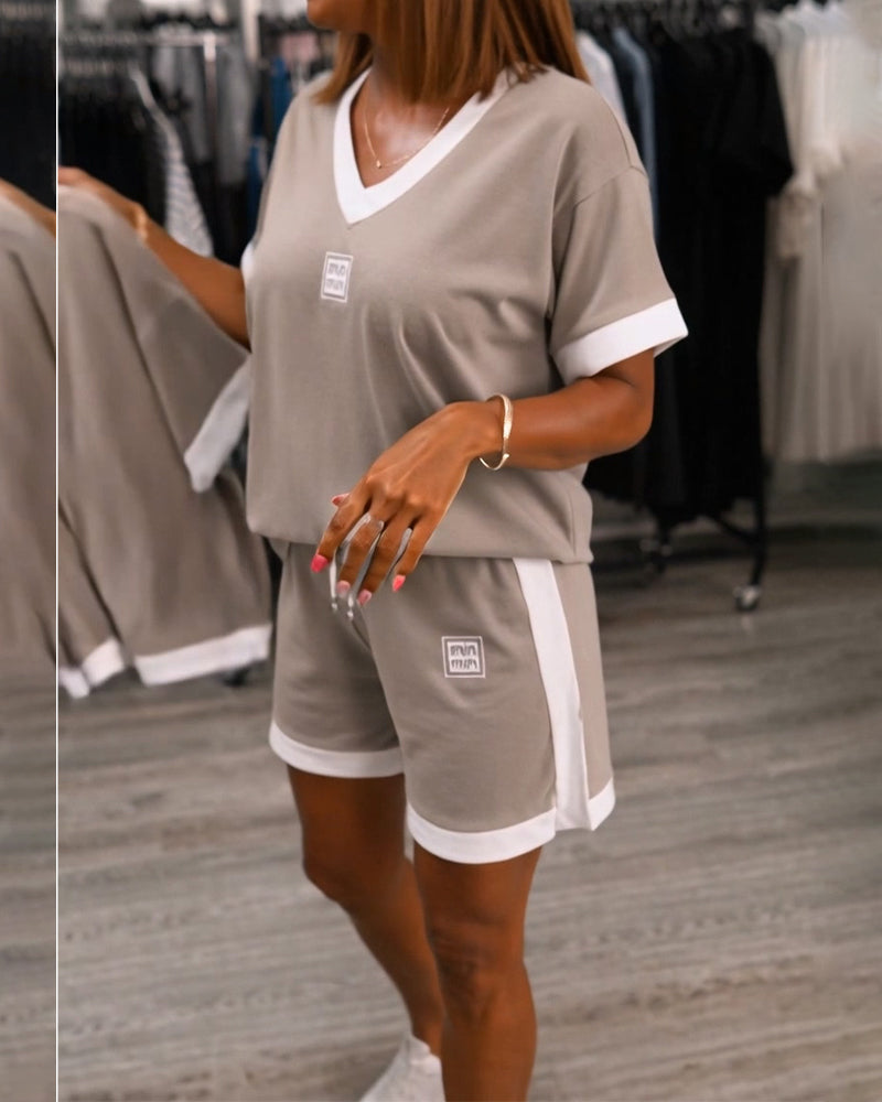Ensemble Col V Imprimé Contraste Short Manches Courtes