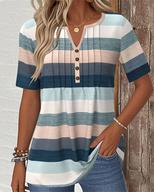 Blouse Rayée Contraste Bouton Décontractée