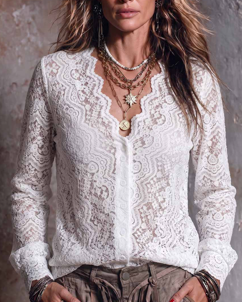 Blouse Col V Manche Longue Décontractée