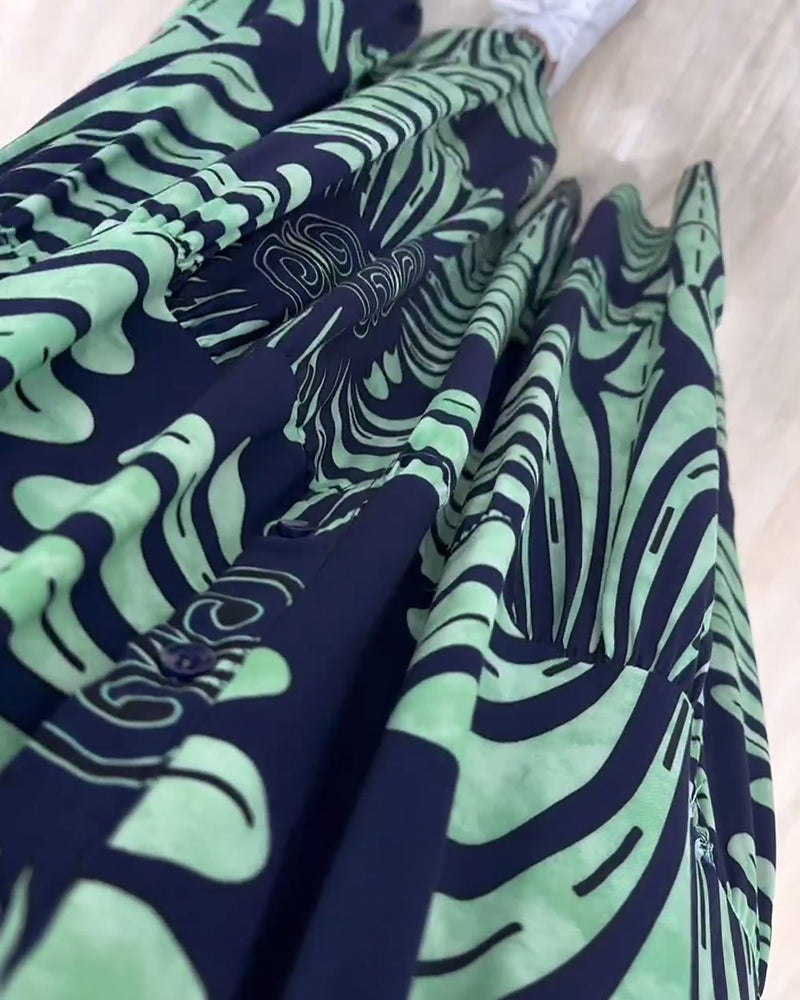 Robe longue imprimée patchwork à col montant et manches longues