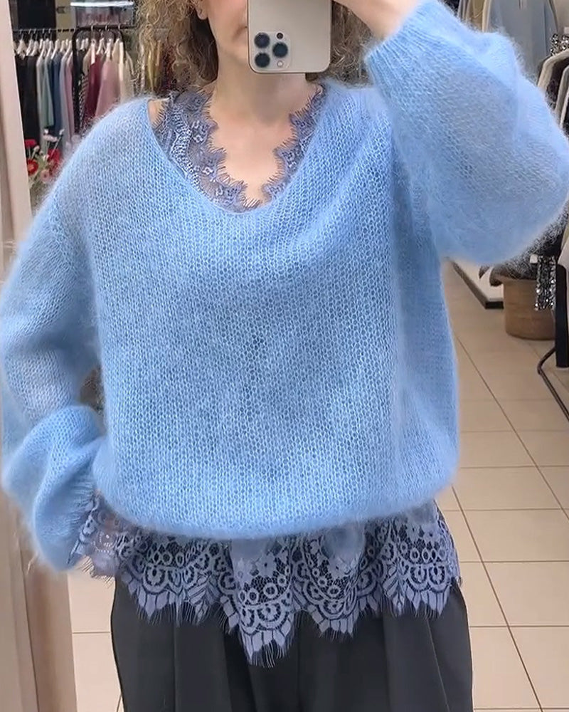 Pullover Col V Uni Patchwork