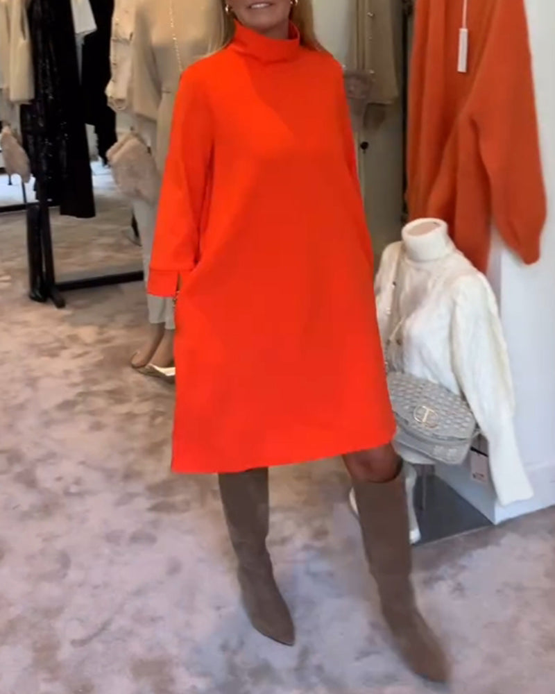 Robe décontractée à col roulé de couleur unie