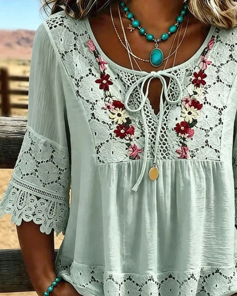 Blouse Attache Panneau Dentelle Décontractée