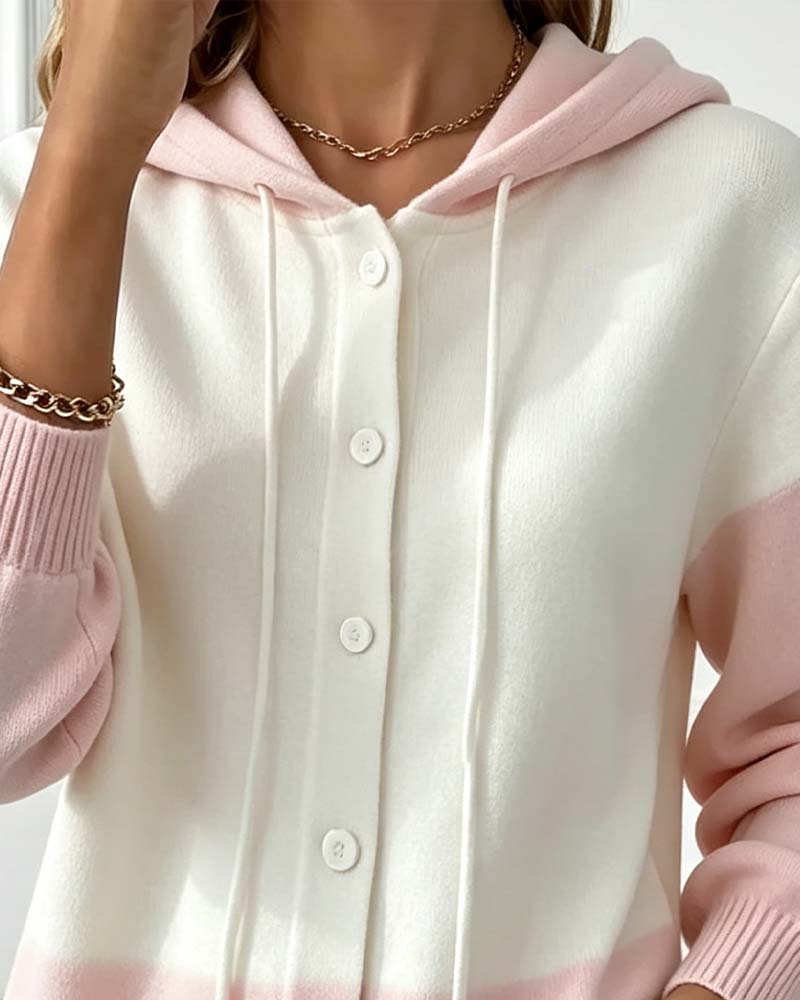 Cardigan Bloc De Couleur Capuche Boutonnage Simple Tricoté