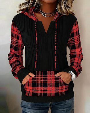 Hoodie Plaid Patchwork Manche-Longue