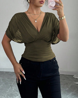 Blouse Unie Profond Col En V Taille Manches Courtes