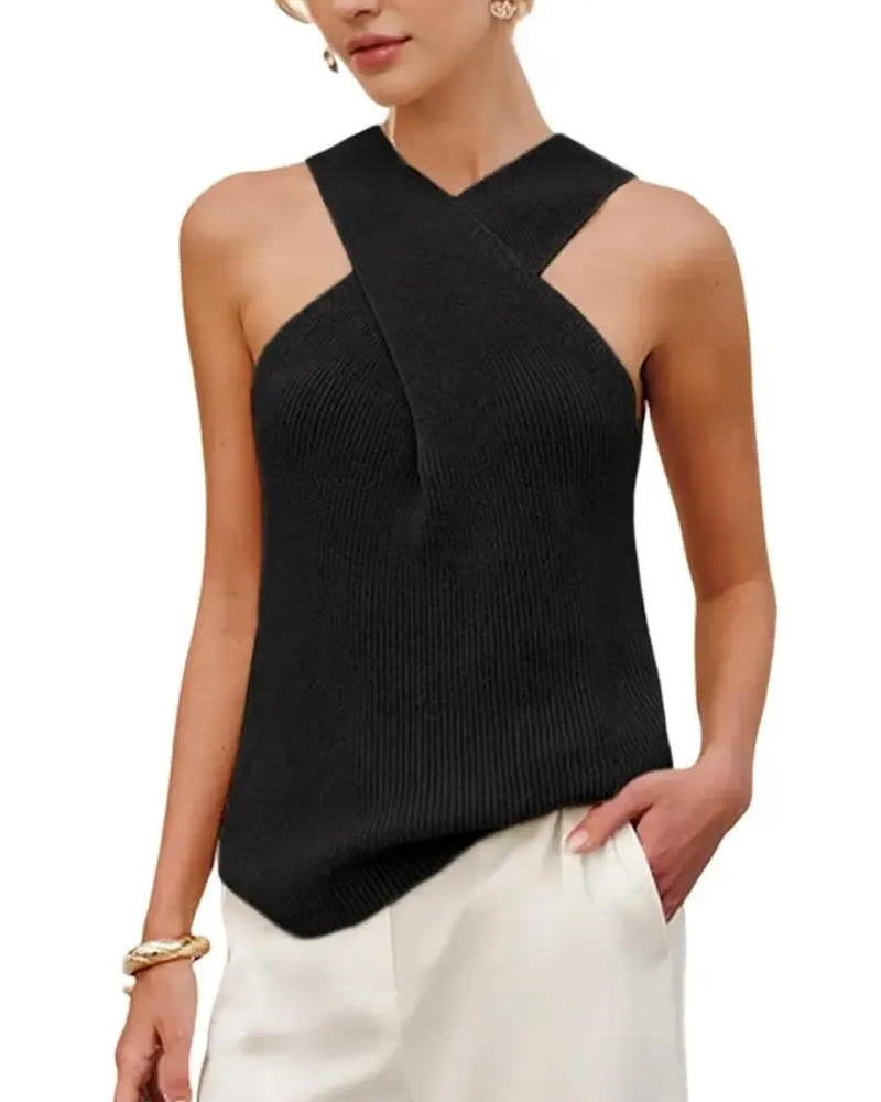Haut Femme Halter Col Croisé Débardeur Tricot Sans Manches