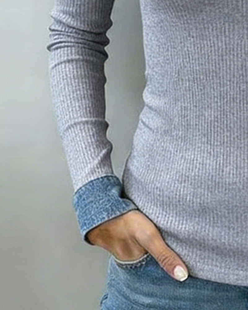 Haut Couleur Contrastante Patte Col V Manche Longue