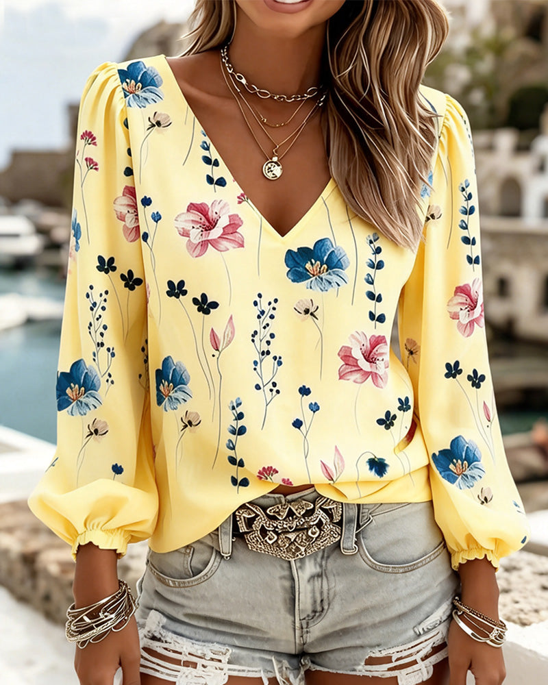 Chemisier Manche Lanterne Col V Floral