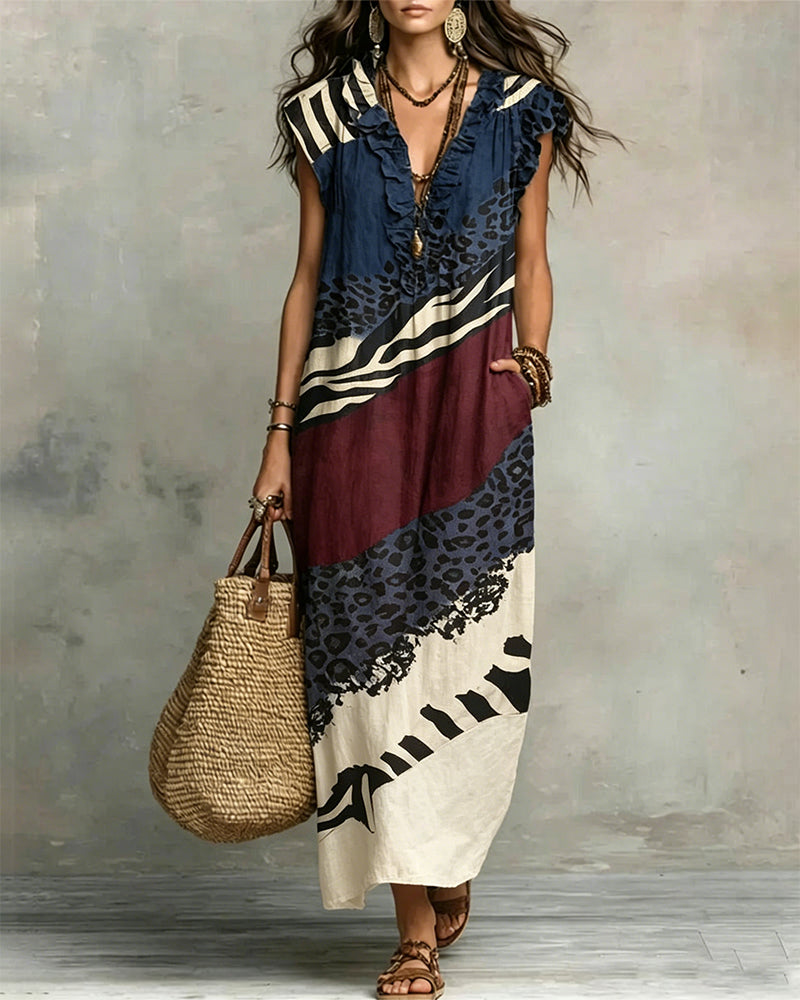 Robe Col En V Volant Motif Patchwork
