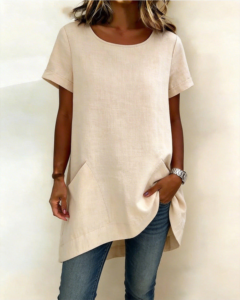 Blouse Col Rond Irrégulier Poche