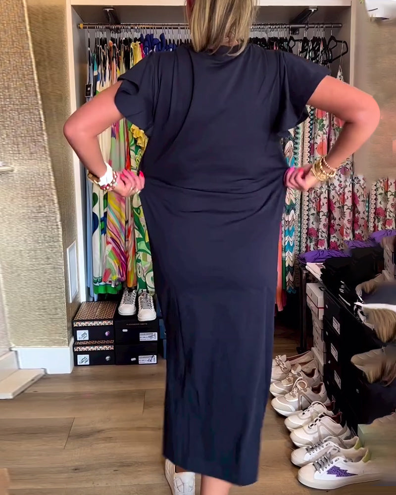 Robe décontractée fendue à manches volantées et imprimé lettre