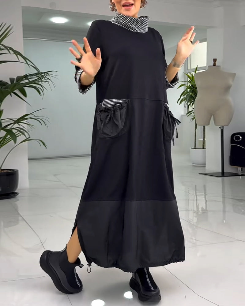 Robe patchwork à carreaux décontractée avec col montant et poche