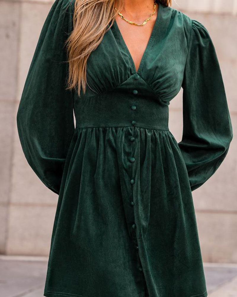 Robe Boutonné Col En V Manche Bouffante Courte