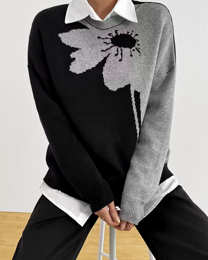 Pullover Bloc-Couleur Grand Floral Jacquard Col Rond