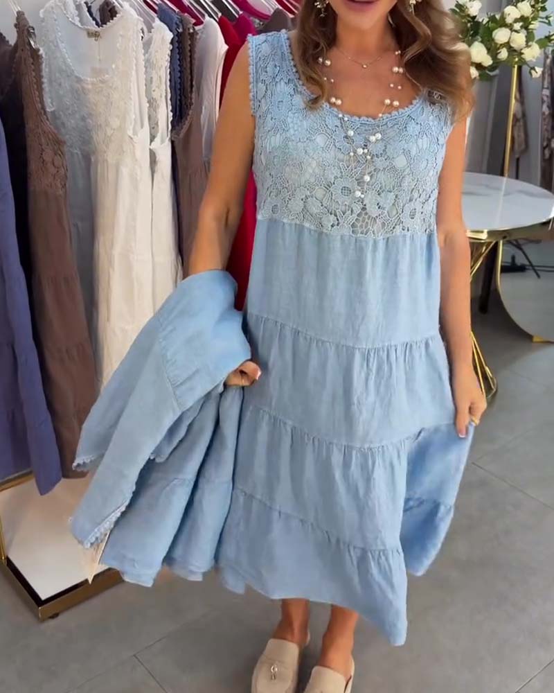 Robe Col Rond Sans Manches Dentelle Superposée
