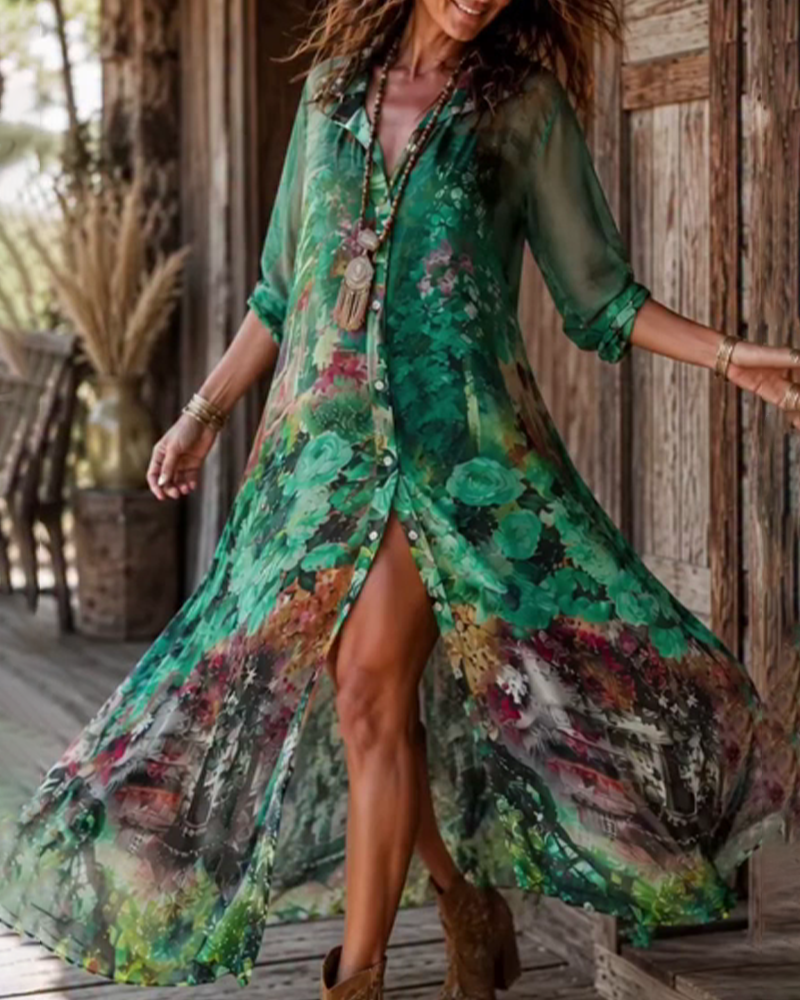 Robe Col Chemise Fente Florale