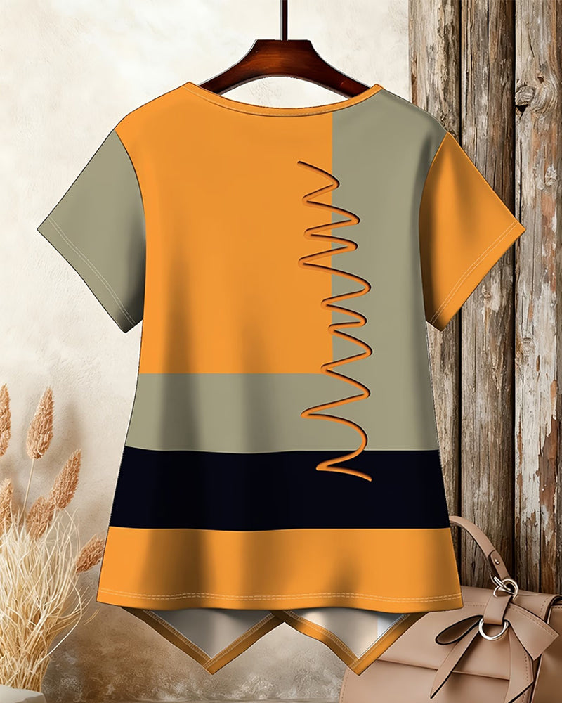 T-Shirt Bloc De Couleur Irrégulier Manche Courte