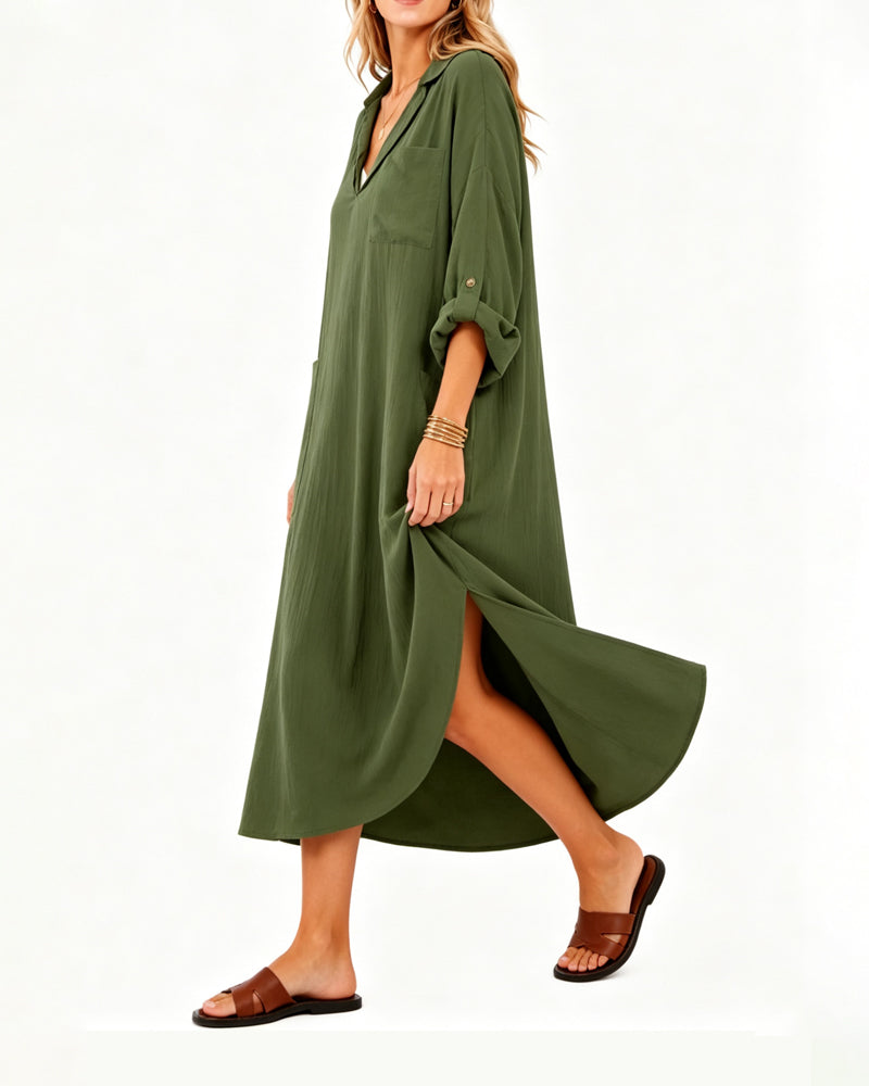 Robe Revers Col En V Poche Fente