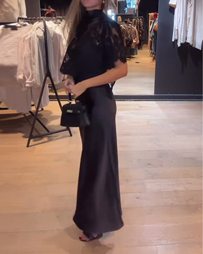 Ensemble Blouse En Dentelle Et Résille Avec Robe Nuisette Drapée