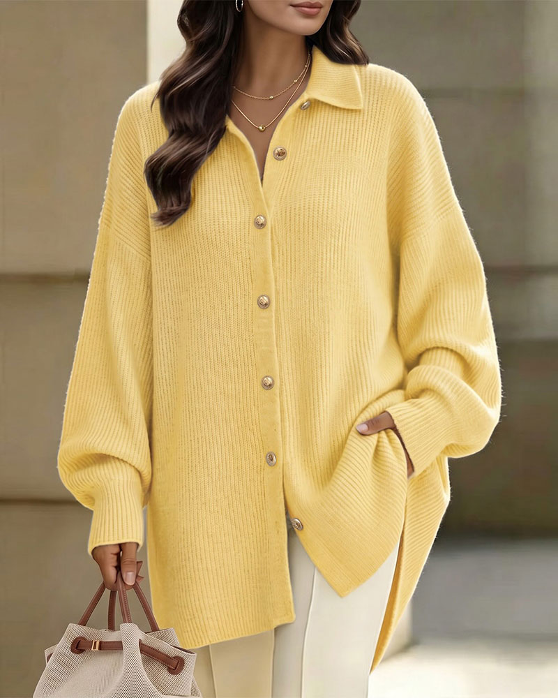 Cardigan Revers Bouton Manche Lanterne Épaule Tombante