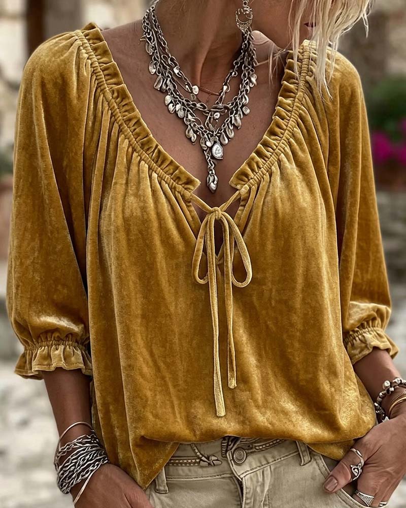 Blouse Cordon De Serrage Velours Manches Courtes