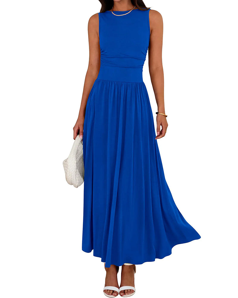Robe Sans Manches Poche Froncée Longue