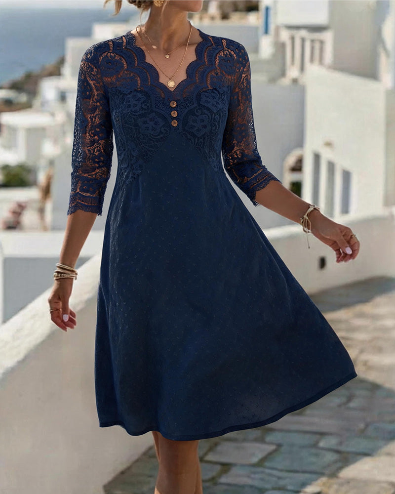 Robe Col V Dentelle Patchwork Ligne A