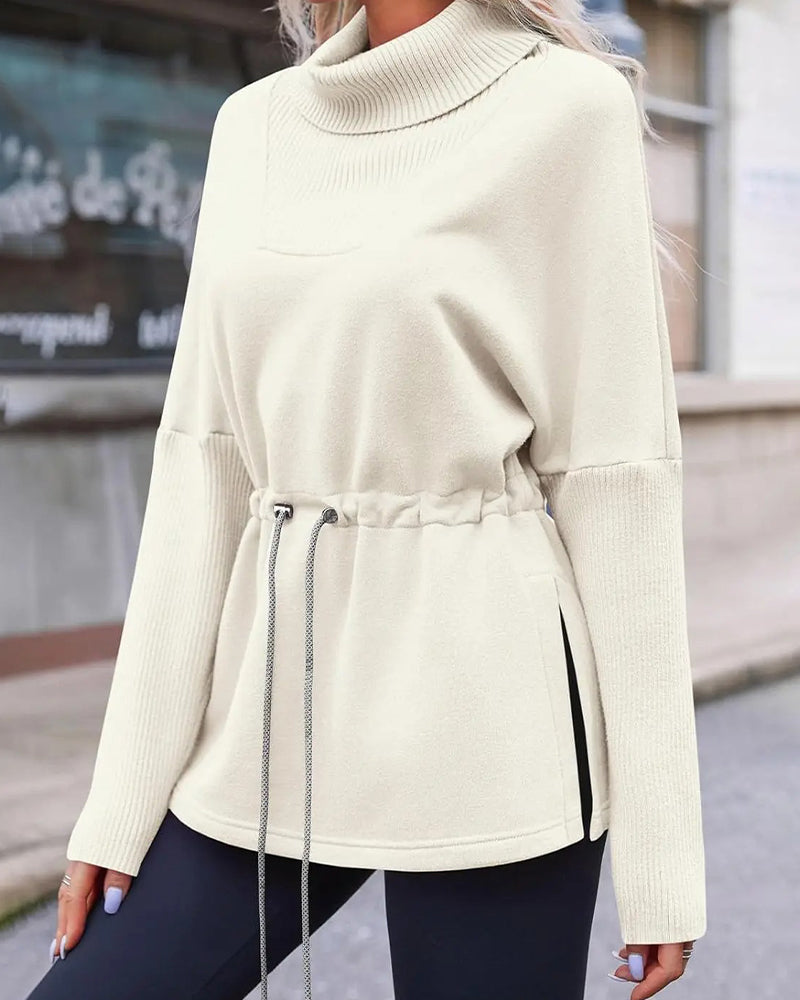 Sweat-Shirt Col Haut Manches Longues Taille Cordon