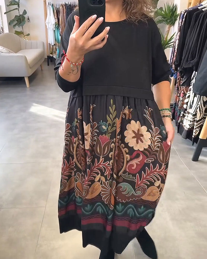 Robe Floral Encolure Ronde Patchwork Évasée