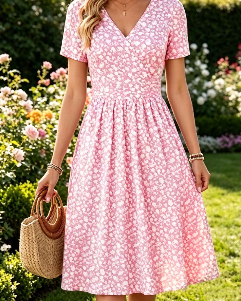 Robe Col En V Manches Courtes Petit Fleuri