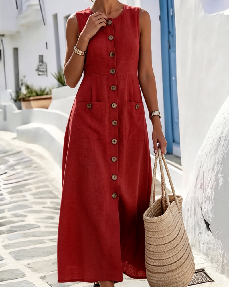 Robe Col Rond Sans Manches Boutonnage Devant