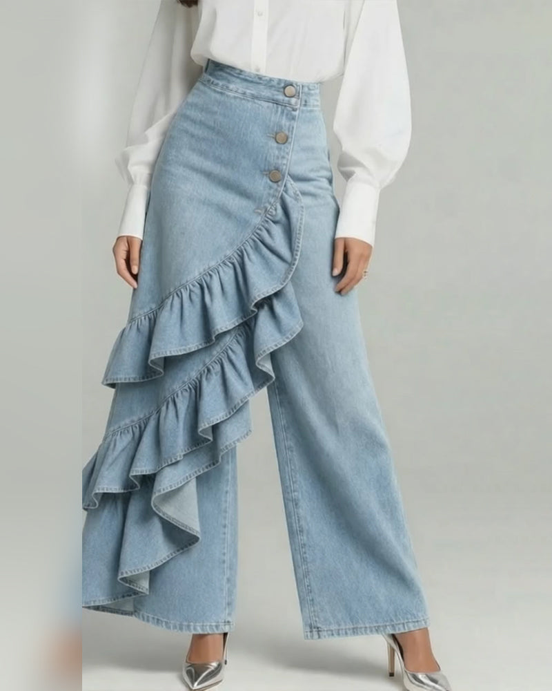 Pantalon En Denim Tendance Bord Volanté