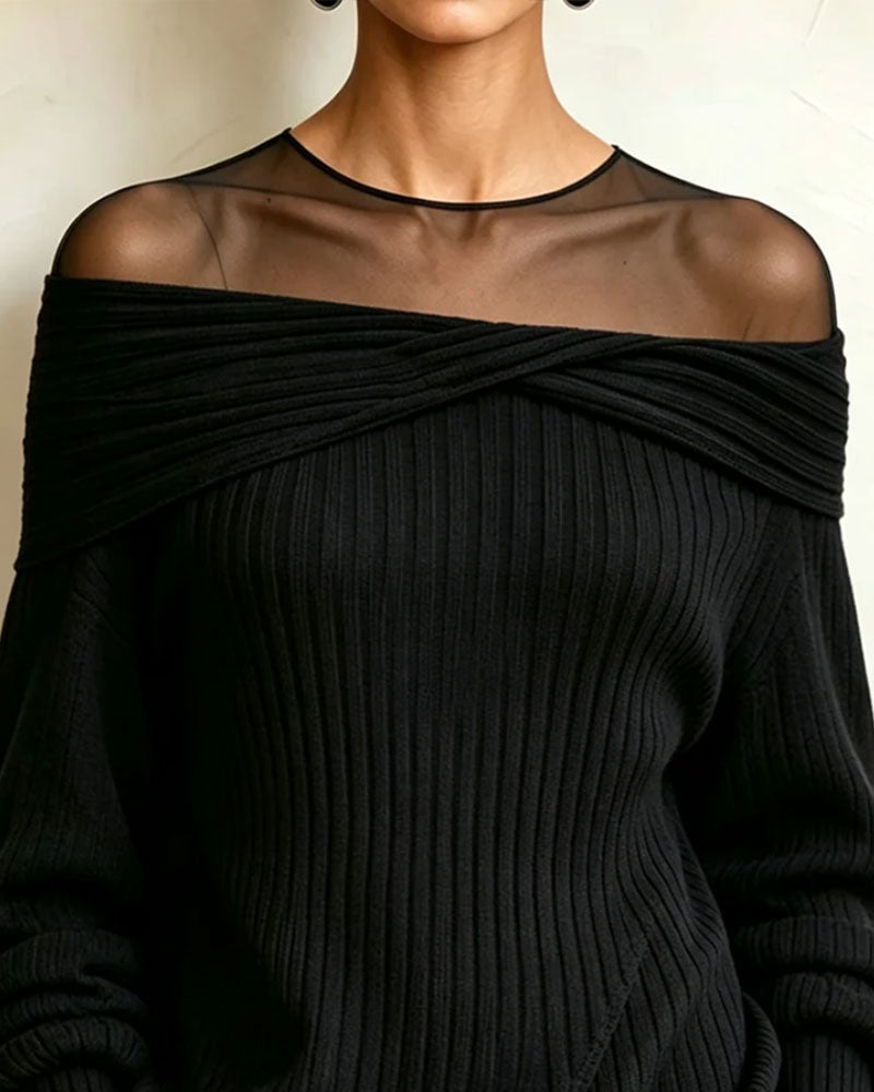 Pullover Hors Épaule Asymétrique Mesh