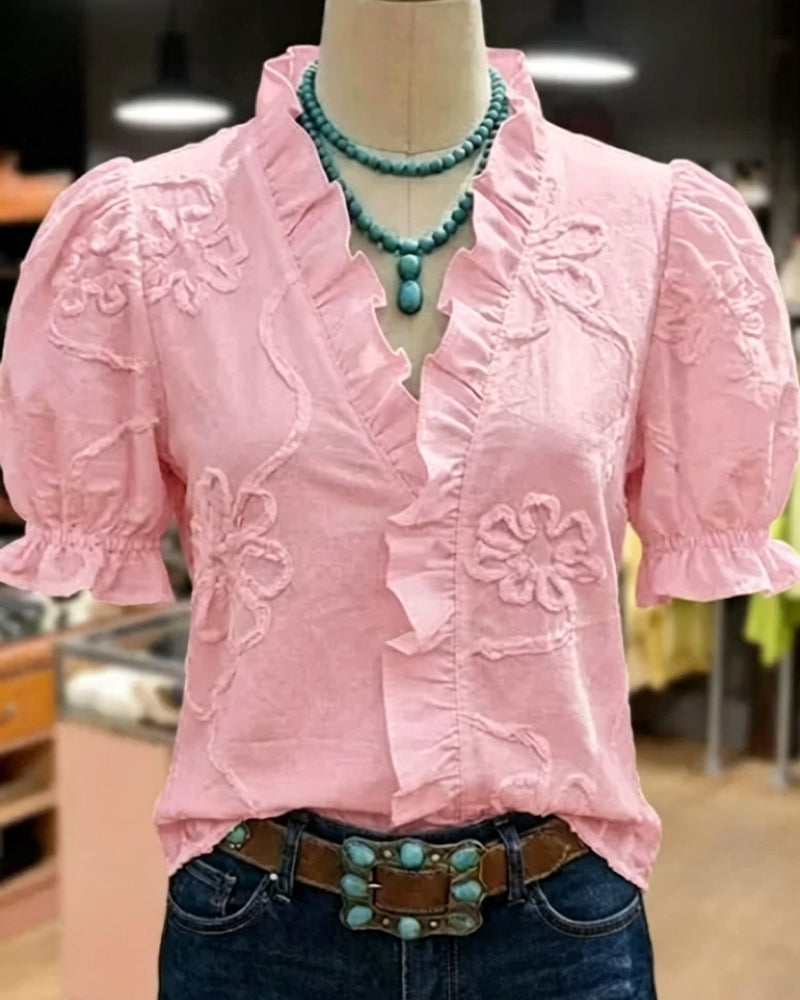 Blouse Col En V Bordure Volantée Manche Bouffante