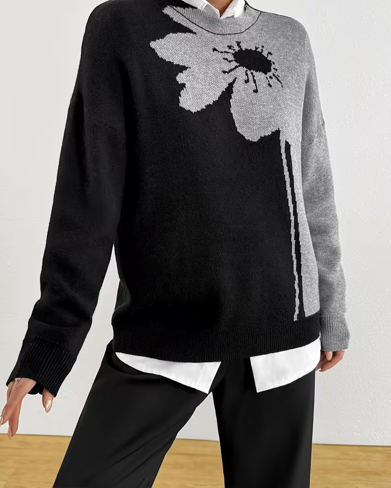 Pullover Bloc-Couleur Grand Floral Jacquard Col Rond