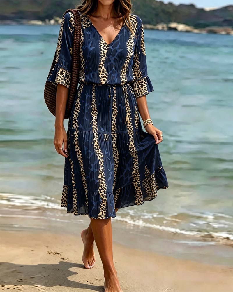 Robe Col V Léopard Patchwork Midi Vacances