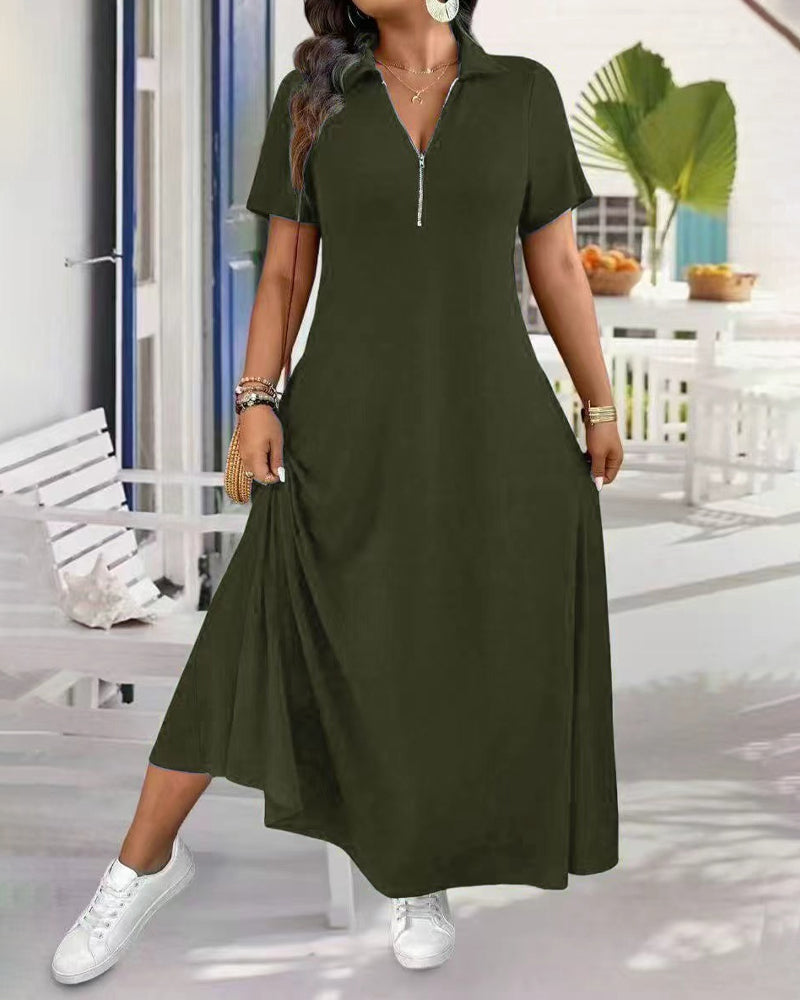 Robe Manche Courte Unie Fermeture Éclair Maxi