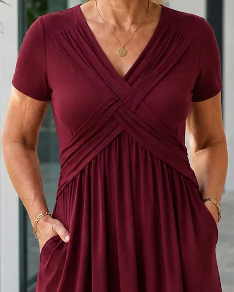 Robe Croisé Col En V Taille Cintrée Manches Courtes Coupe A